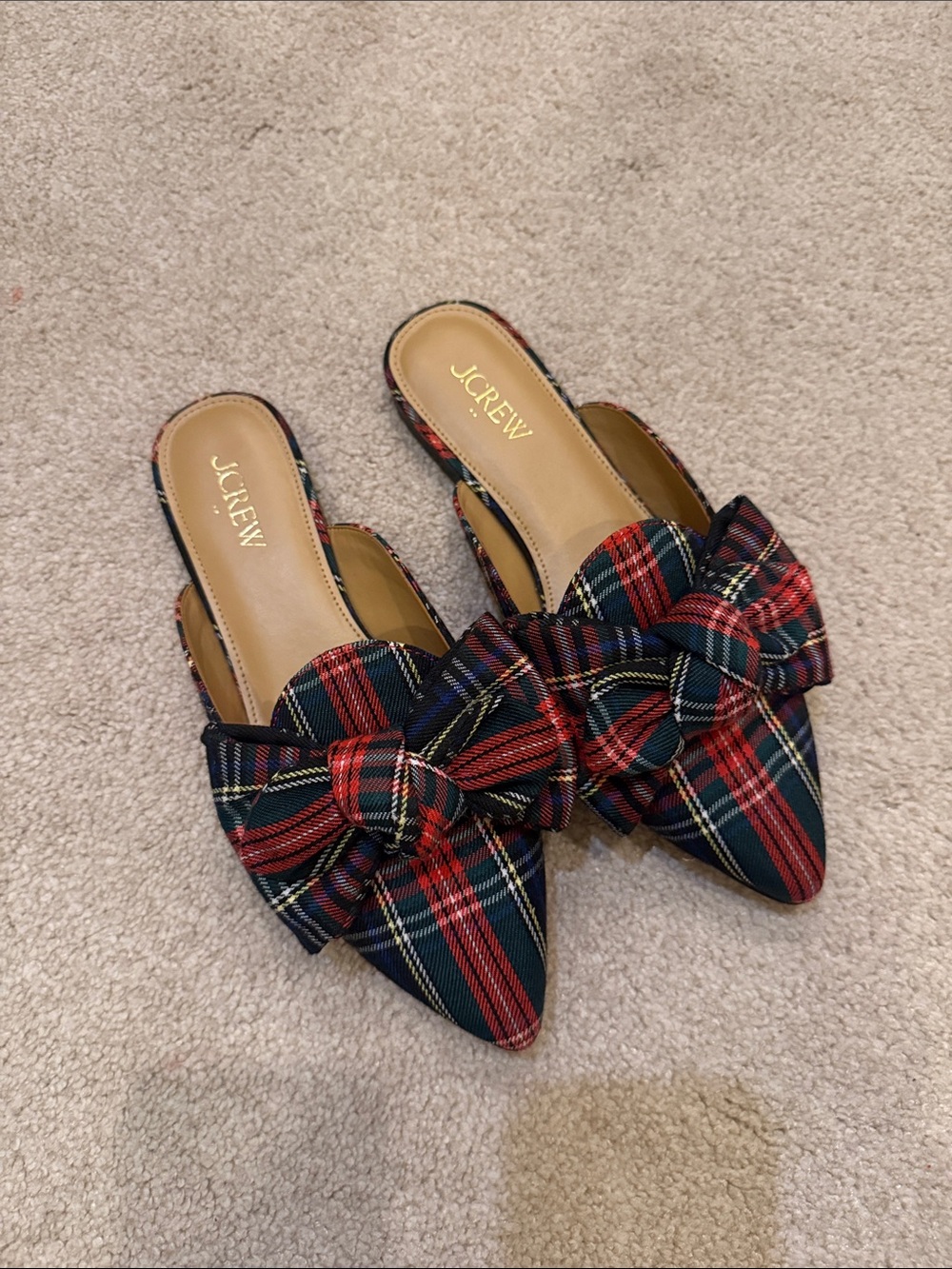 J.Crew Red & Navy Plaid Bow Pointed Mules